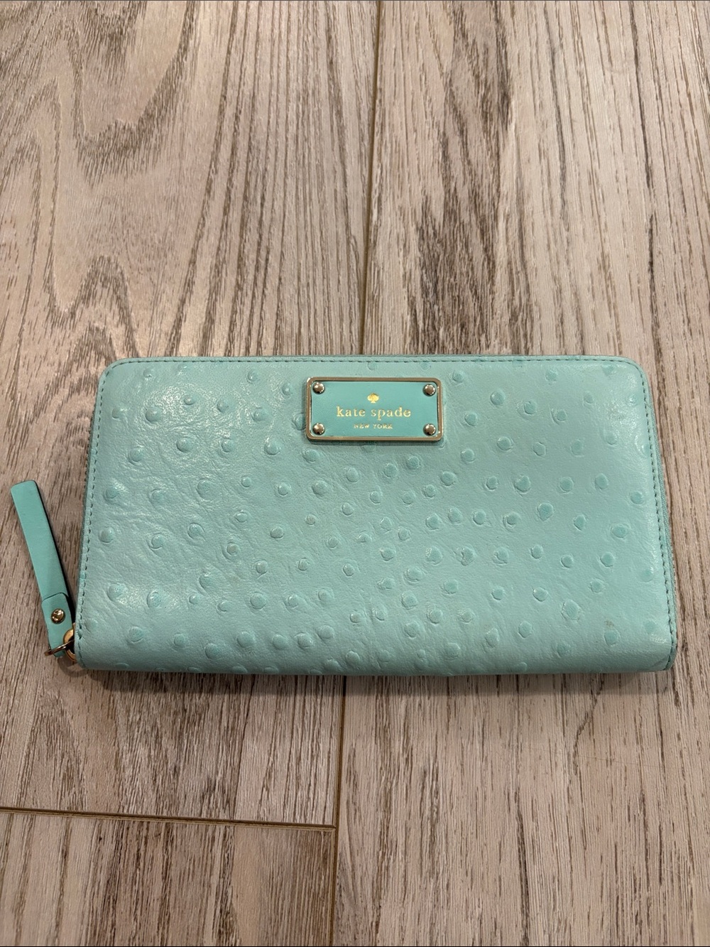 Kate Spade ♠️ Aqua Leather Ostrich -embossed zip-around wallet